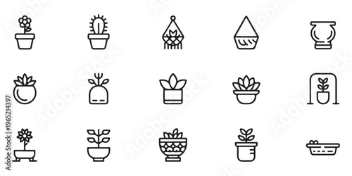 Minimalist outline plant icon collection featuring various potted flowers succulents and decorative ceramics