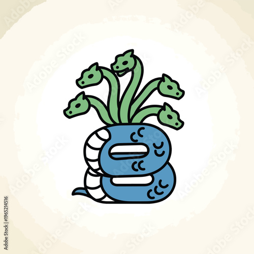 A cartoonish depiction featuring a multi-headed creature with a serpentine base and vibrant green heads on stems. The background is a soft beige