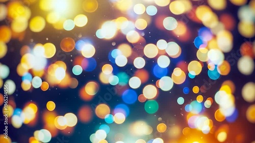 Abstract background of shimmering colorful bokeh lights twinkling and moving slowly in dark night.