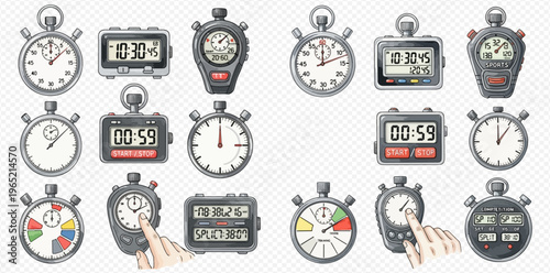Set of various stopwatch icons with analog and digital displays for timing and measurement.
