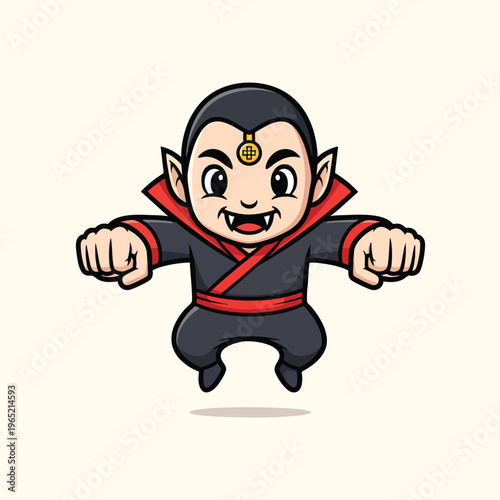 A cartoonish vampire figure floats, clad in dark garb with red accents. He sports fangs, pointy ears, and a gold emblem, ready for Halloween