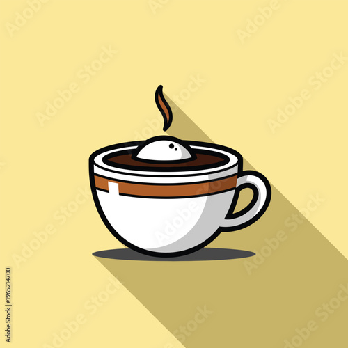 A cartoon-style illustration of a coffee cup filled with a dark liquid and topped with a white sphere, emitting steam. A long shadow