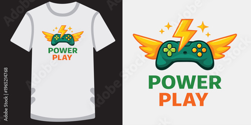 Power play gaming controller with lightning bolt and golden wings vector design for shirt.