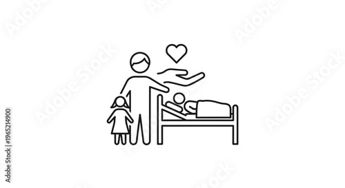 Caring family, parent with children, sick child in bed, love and support icon