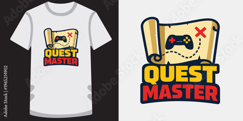 Quest master game t-shirt design concept for apparel and merchandise with map gamepad.