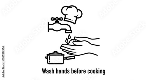 Chef washing hands under faucet with pot, hygiene concept