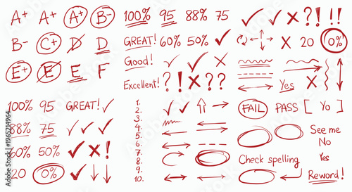 Hand drawn grading marks, check marks and feedback symbols in red ink