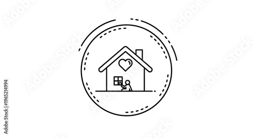 Childhood Home Icon: Happy Kid Inside House with Heart Symbol