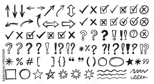 Hand drawn arrows, check marks and punctuation symbols doodle set