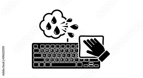 Cleaning computer keyboard with wet cloth, water drops and spray, hygiene concept
