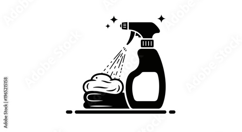 Cleaning Spray Bottle Sprays Liquid Onto Stacked Cloths, Sparkling Cleanliness Icon