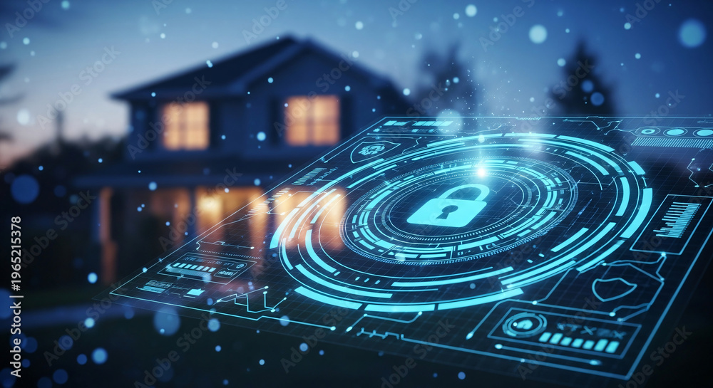 Fototapeta premium Holographic smart home security interface with a padlock icon in front of a modern house at dusk.
