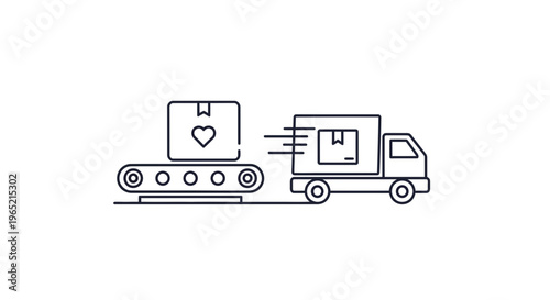 Conveyor belt loading package with heart symbol onto delivery truck, logistics and shipping concept