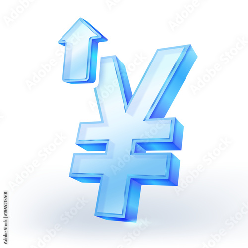 Transparent blue glass yen symbol with an upward arrow, representing financial growth, currency exchange, investment success and economic progress in modern 3D style. Vector illustration.
