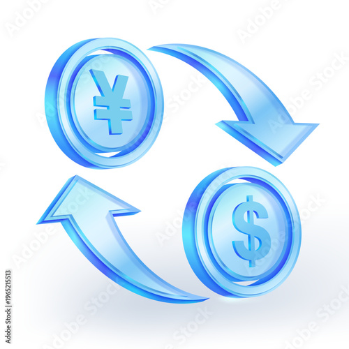 Transparent blue glass coins with yuan and dollar symbols connected by circular arrows, representing global currency exchange, forex trading, and financial transactions. Vector illustration.