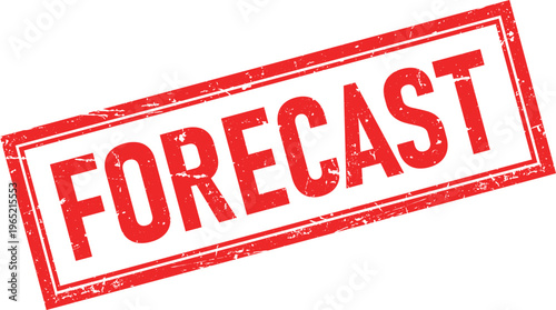 Forecast Text in Red Distressed Rectangular Rubber Stamp with Border Isolated