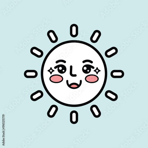 A cartoon sun with a happy face, surrounded by ray shapes, all on a light blue background. The face has black outline, pink cheeks and white eyes