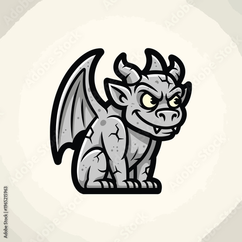 A cartoon-style depiction of a gargoyle creature with a sly grin, small horns, and a wing on a textured, off-white background