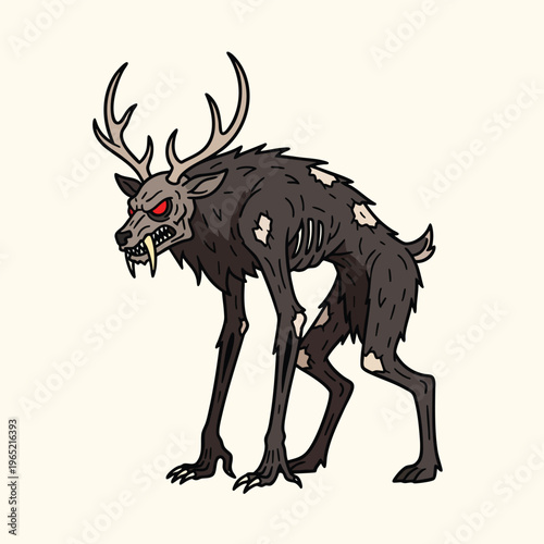 A cartoon-style depiction of a monstrous deer-like creature with antlers, a fierce expression, and tattered fur, set against an off-white background