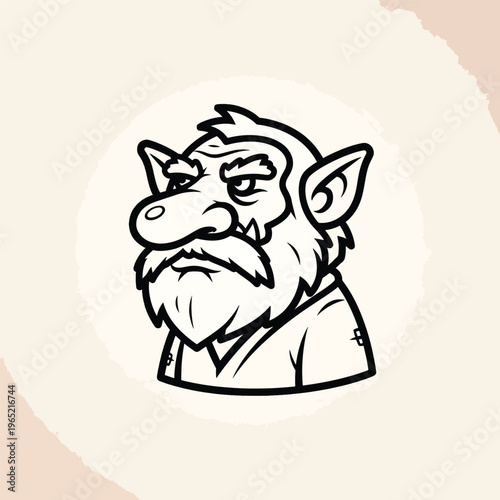 A cartoonish depiction of a troll's head in black ink. The design features a large nose, furrowed brow, and a prominent mustache