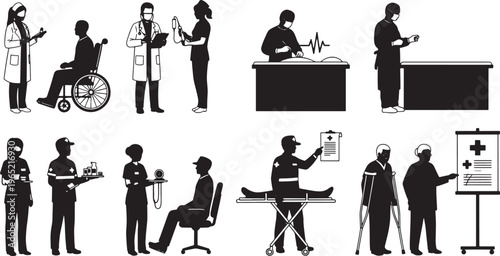A collection of black and white silhouette illustrations depicting various medical scenarios. Includes doctors, nurses, a patient in a wheelchair, and paramedics with a stretcher, Medical Illustration