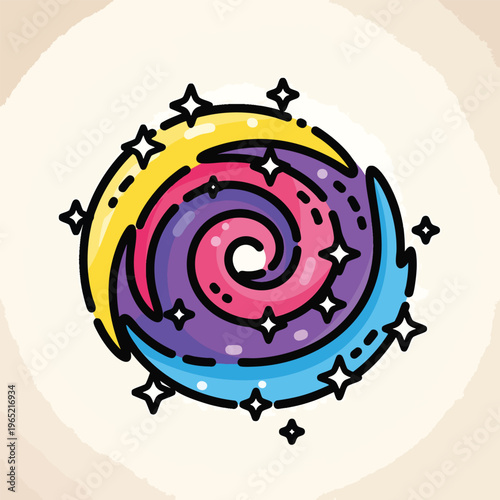 A cartoon-style illustration features a spiral shape composed of layered bands of color. Sparkles and a thick black outline add detail