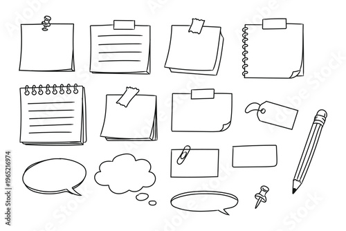 Hand drawn paper notes, clipboard and stationery doodle set