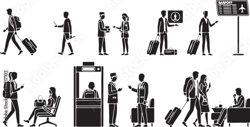 Airport Silhouette Icons: Travelers with Luggage, Check-in, and Boarding Scenes