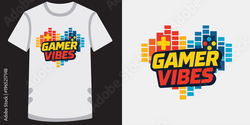 Colorful retro gaming inspired tshirt design featuring vibrant pixel art and bold typography text perfect for gamers and enthusiasts