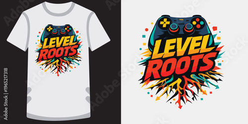 Colorful retro gaming tshirt design featuring a vibrant video game controller with dynamic roots and explosive text effects perfect for gamers and esports fans