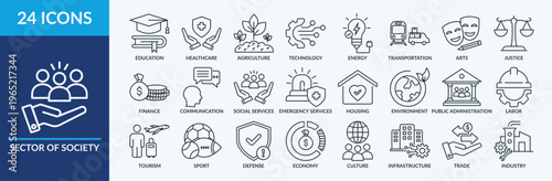 Sector of society - Icon Collection. Thin Outline Set contains such Icons as education, healthcare, agriculture and more. Simple web icons set