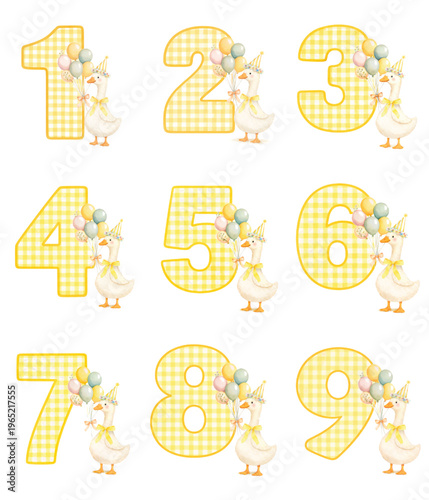 WATERCOLOR NUMBER SET 1–9 WITH GOOSE AND BALLOONS – PASTEL BIRTHDAY NURSERY CLIPART