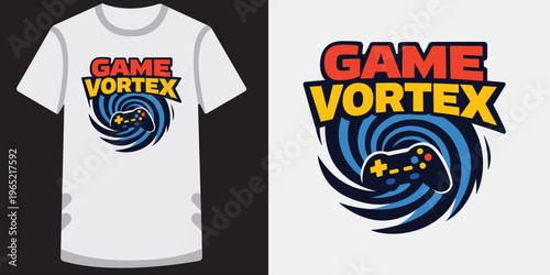 Creative gaming tshirt design featuring vibrant game vortex logo with colorful swirls and controller icon perfect for gamers and esports fans