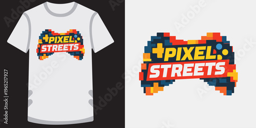 Creative pixel art design of a stylized video game controller with vibrant text on a white tshirt mockup
