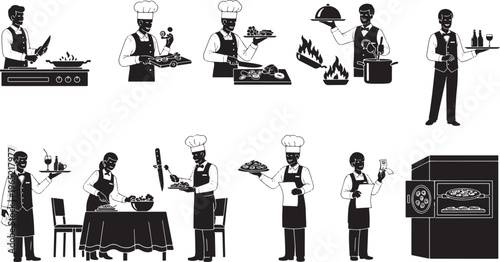 Restaurant Kitchen Silhouettes: Chefs, Staff, Cooking, Serving Food, Chef Hat
