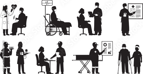 A collection of silhouette icons showing doctors, nurses, and patients in various medical situations, including consultations, patient care, and examinations, for healthcare and medical themes, Icons