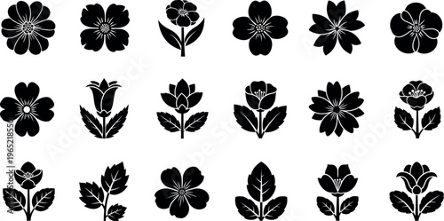 Collection of fifteen black floral on white background flower bloom blossom