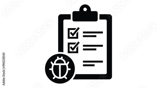 Checklist clipboard with bug icon for debugging and testing