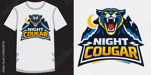 Fierce and dynamic sports mascot logo design featuring a roaring cougar with vibrant colors and bold typography ideal for team apparel and merchandise