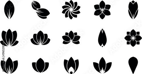 Collection of fifteen black stylized floral and leaf flower petal lotus bloom