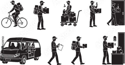 A set of silhouette illustrations showcasing various delivery methods, including a courier on a bicycle, a van, and personnel carrying boxes, representing logistics and parcel services, Delivery Van