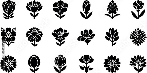 Collection of fifteen black stylized flower on white background silhouette floral