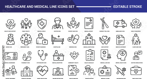 Healthcare and Medical Line Icons Set, Hospital, Doctor, Patient Care, Pharmacy, Insurance, Outline Vector UI Icon Pack