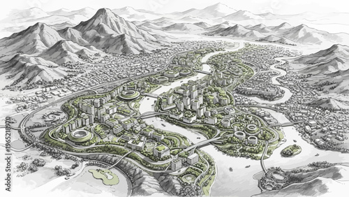 Detailed Illustrated Aerial View of a Modern City and Landscape