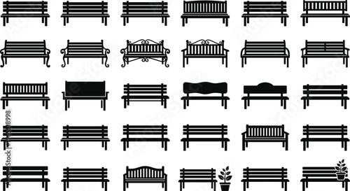 Mega collection of black vector silhouettes featuring various park bench designs garden seats and urban street furniture for outdoor landscape and architectural illustrations