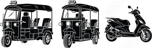 Collection of Thai Tuk Tuk Auto Rickshaw Silhouettes and Modern Motor Scooter Illustrations for Southeast Asian Urban Transportation Travel Design and City Delivery Projects