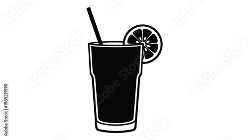 Black cocktail drink with lemon slice and straw