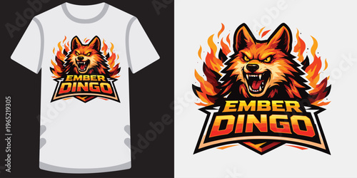 Fierce cartoon wolf logo with flames and bold typography design for esports team or gaming brand on tshirt mockup