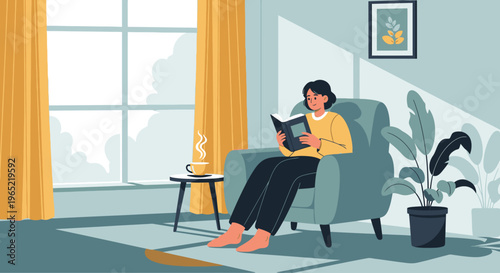 Woman sitting on a couch reading a book next to a coffee table with a plant and large window with yellow curtains in a cozy living room with soft lighting.