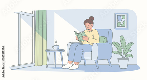 A woman sits in a blue armchair reading a book next to a plant and table in a light blue room with a window.